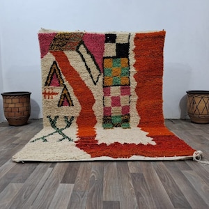 Handmade Orange Wool Moroccan Rug: Berber Boho Decor