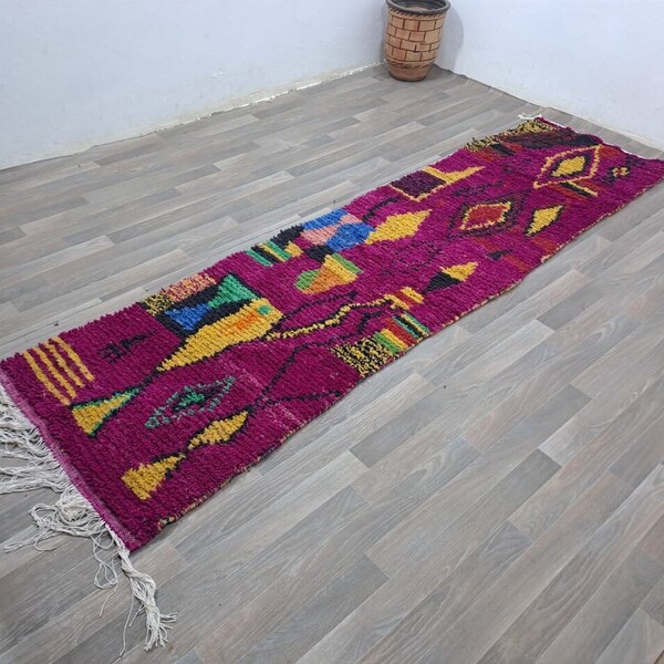 Moroccan Area Rug: Purple Checkered Wool, Soft Handmade Texture