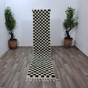 Handmade Wool Berber Runner Rug: Green & White Checkered Design