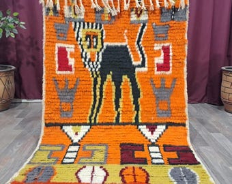 Alfombra marroquí naranja hecha a mano: decoración bohemia de lana bereber