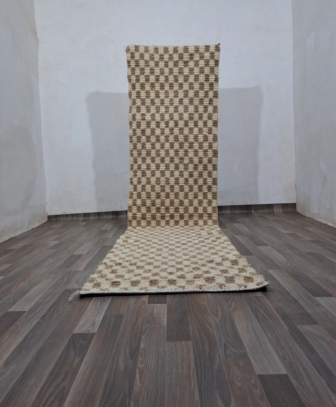 Moroccan Runner Beige and White Checkered Rug, Moroccan Berber ...