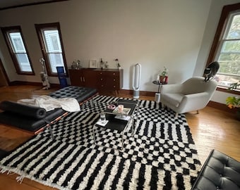 Boho Marokkanischer Wollteppich, Schwarz & Weiß kariert (Handarbeit, weich)