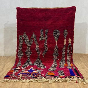 Handmade Red Wool Boujaad Rug: Moroccan Berber Shag Rug