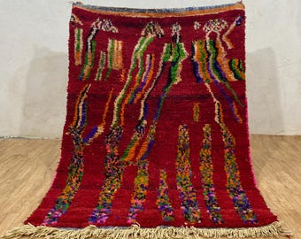Handmade Red Wool Moroccan Rug: Berber Boho Carpet