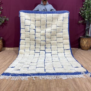 Handmade Beni Ourain Rug: White & Blue Moroccan Wool Rug
