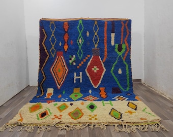 Hand-Knotted Moroccan Wool Rug: Blue & White Checkered Design