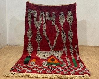 Hand-Knotted Red Moroccan Wool Rug: Bohemian Berber Style