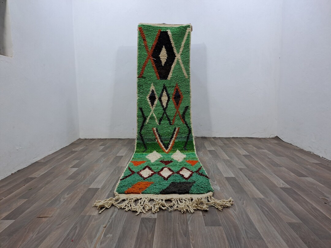 Handwoven Wool Moroccan Rug Runner: Green Abstract Berber Design - Etsy