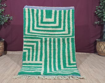 Handmade Wool Beni Ourain Runner Rug: Green Moroccan Hallway Decor