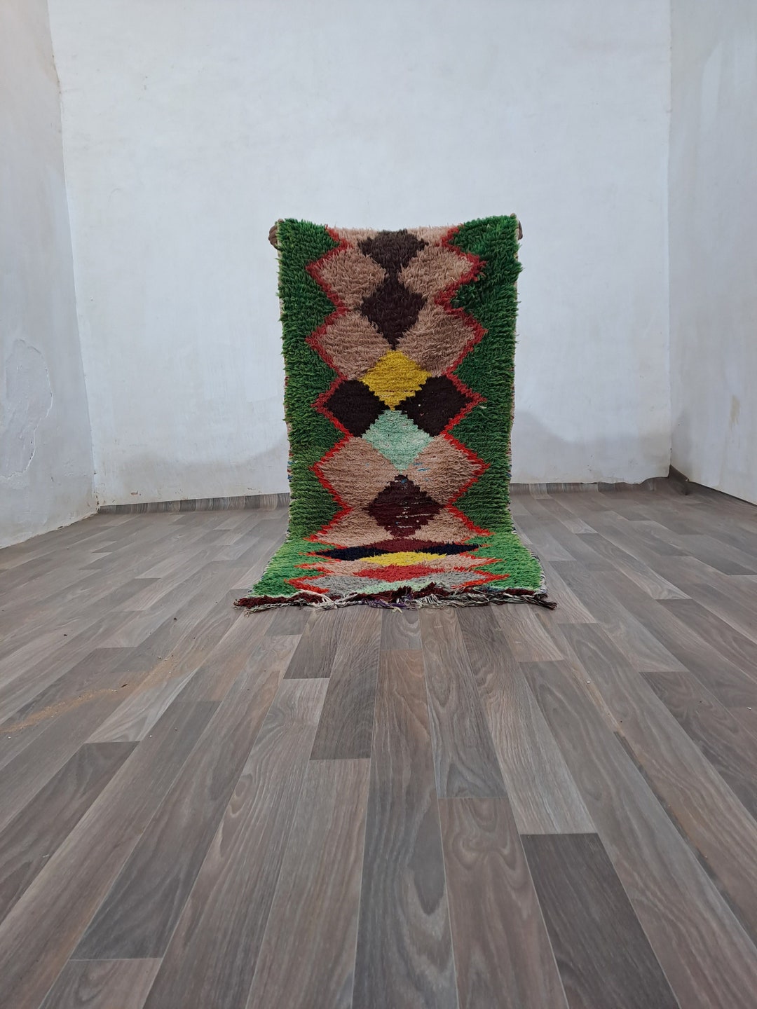 Moroccan Green Rug Runner, 7X2 Vintage Runner Rug, Berber Runner Rug