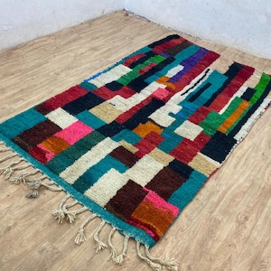 Handmade Colorful Wool Moroccan Rug: Bohemian Berber Checkered Rug
