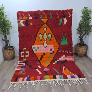 Red Boujaad Rug 7x5 Ft: Handmade Moroccan Wool Bohemian Rug