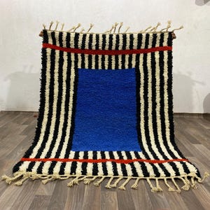 Handmade Blue Moroccan Rug: Striped Wool Beni Ourain Rug