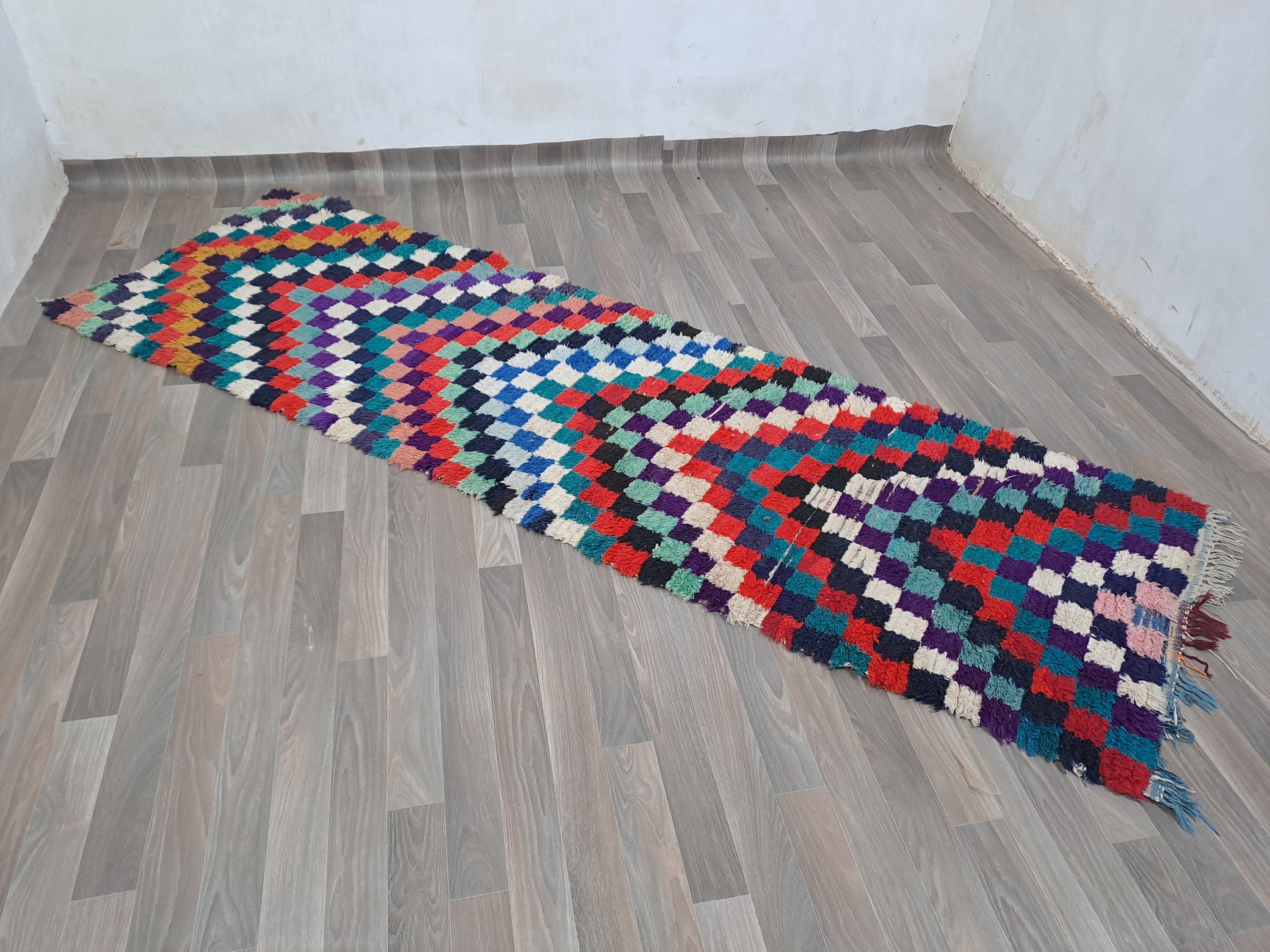 ヴィンテージ モロッコ ランナーラグ、カラフルなコットン平織り
