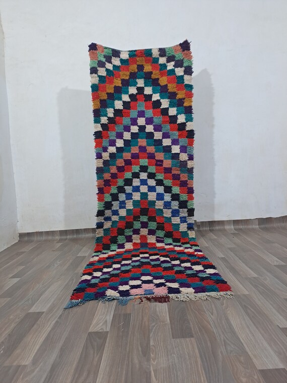 ヴィンテージ モロッコ ランナーラグ、カラフルなコットン平織り