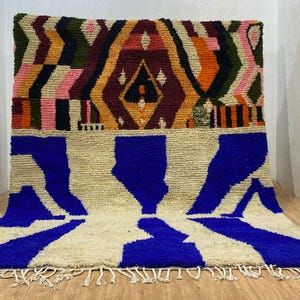 Handmade Beni Ourain Wool Rug: White and Blue Striped Moroccan Rug