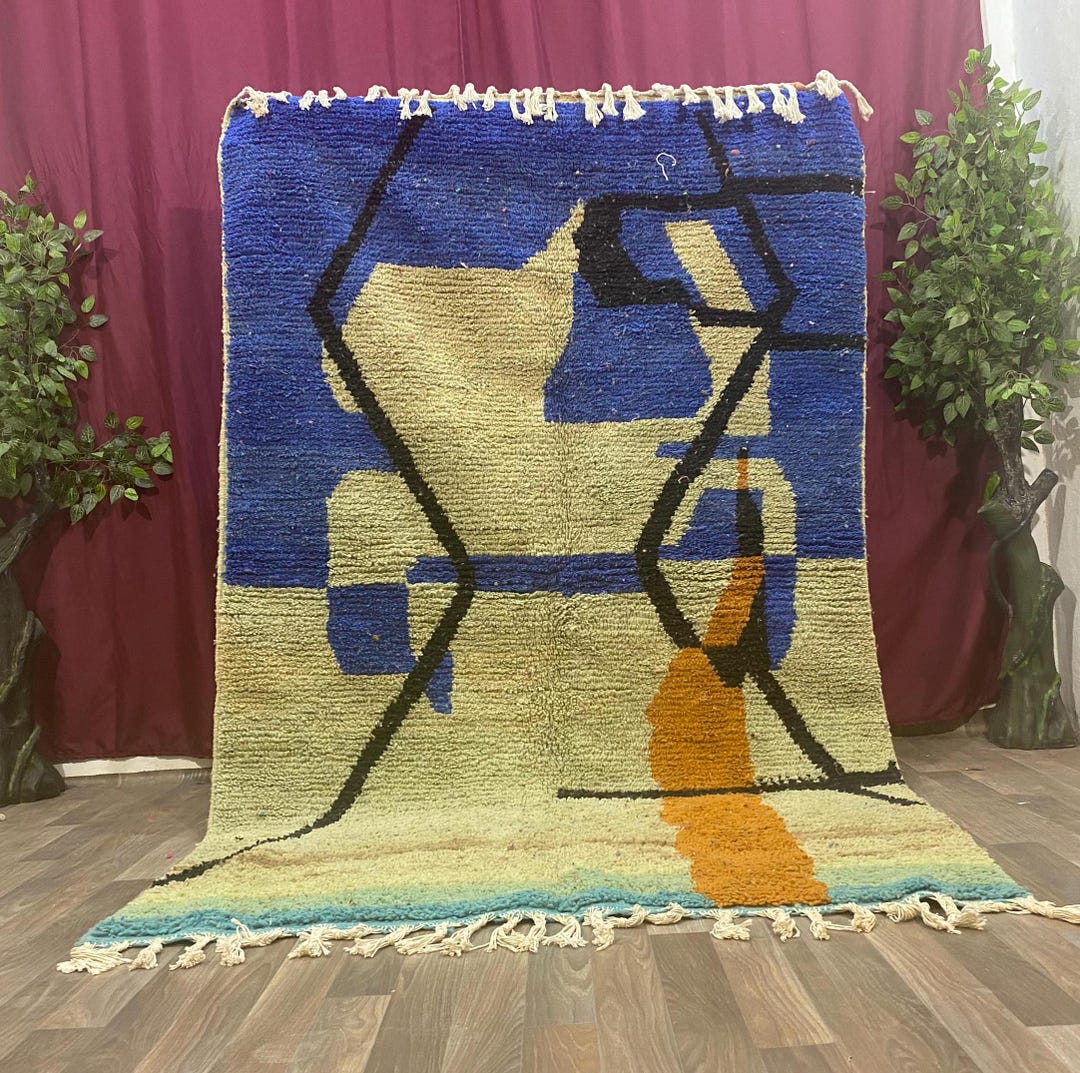 Moroccan Wool Rug, Blue Shaggy Checkered (handmade, Soft Texture