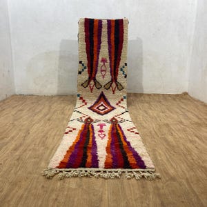 Handmade Wool Moroccan Runner Rug: Tribal Bohemian Hallway Rug