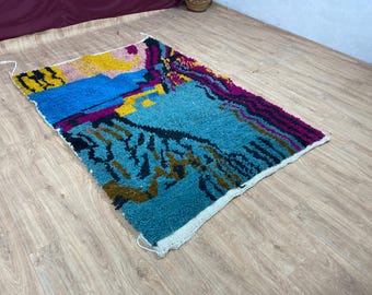 Moroccan Berber Rug: Soft Blue Wool Checkered - Handmade, Plush