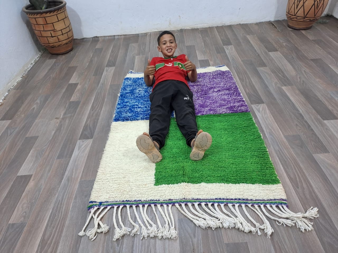 Grand Tapis Berbère Marocain 6.5x9.5 Ft - Laine Tissée Main - Multicolore Art Déco - Neuf