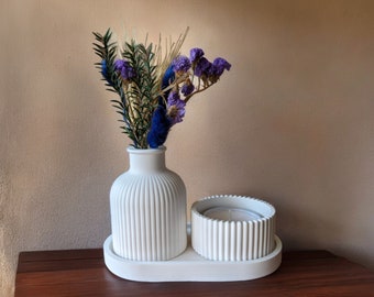 3-Set Dekotablett oval mit Vase und Teelichthalter, Gips/Raysin Tischdekoration, Geschenk