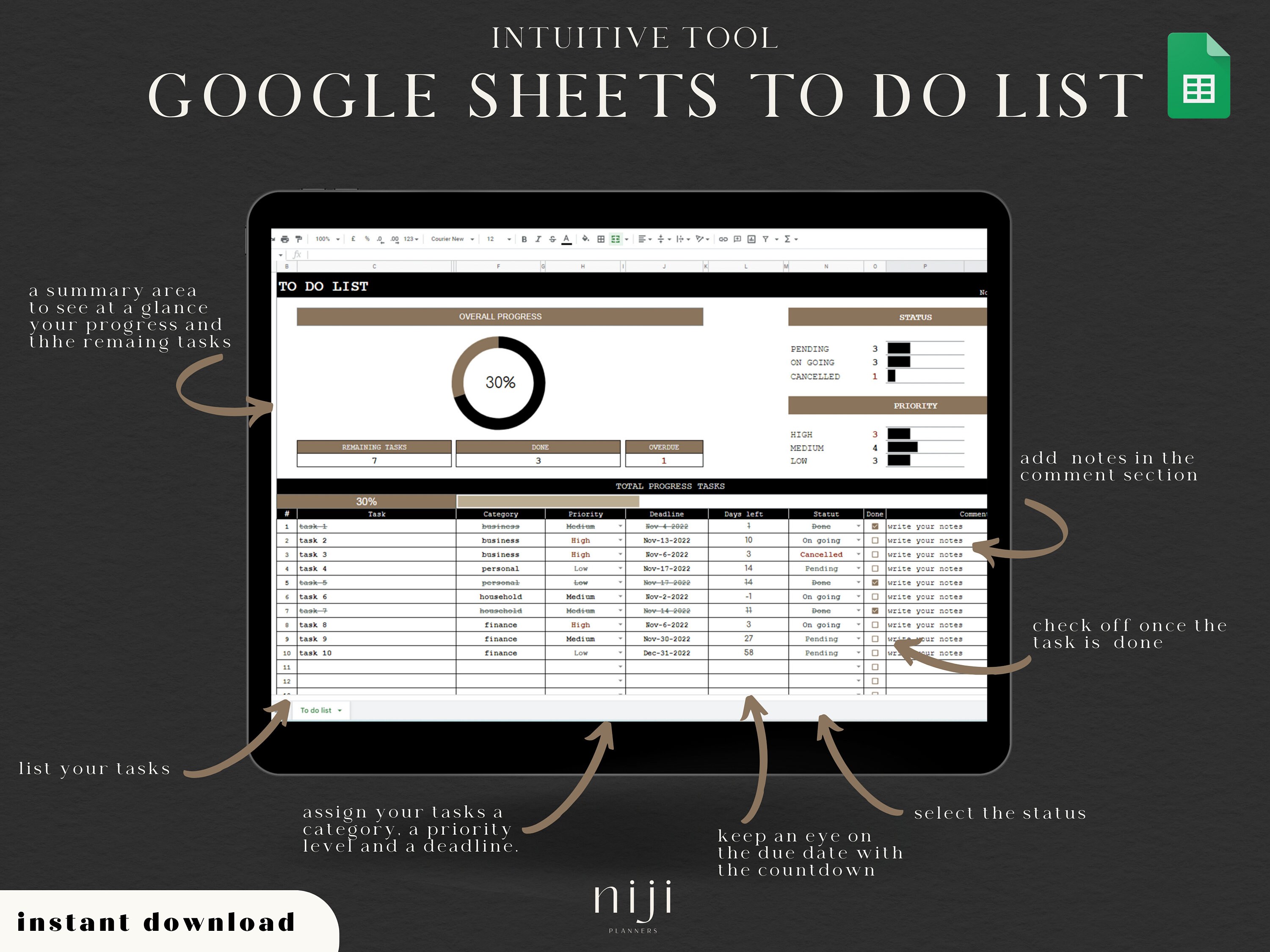 Google Sheets To-do List Template Spreadsheet Task List - Etsy