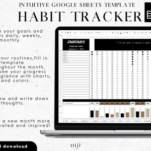 Google Sheets habit tracker template | daily, weekly, monthly habits | goals planner | black spreadsheet | instant download
