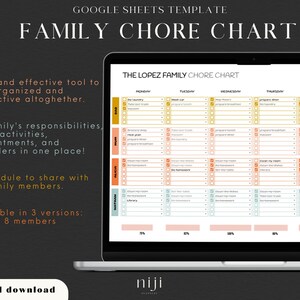 Google Sheets family chore chart - digital to-do list - task spreadsheet - weekly family planner for 4, 5 and 8 members
