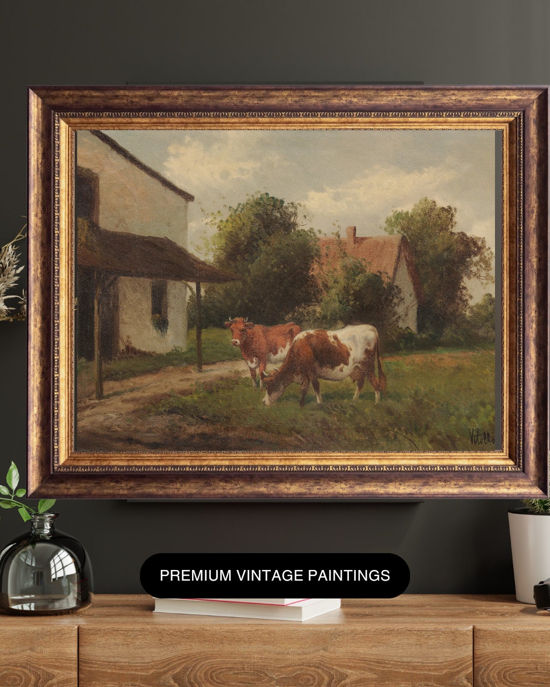 Antique French Country Cattle Art Farmhouse Gallery Wall French Cottage Kitchen Decor Vintage French Cow Painting Antique Farm Life Cow Art