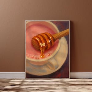 Cozy Coffee Art Print | Honey Drizzle on Latte | Kitchen Wall Decor | Warm Tones Digital print | Coffee Lover Gift | Rustic Cafe Vibes art