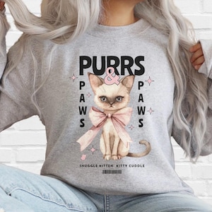 Kokette Kätzchen Sweatshirt | Schnurren & Pfoten Grafik Top | Niedliches Kätzchen Pullover | rosa Schleifenkatzen Shirt | Trendy mädchenhafter Pullover | y2k Ästhetik