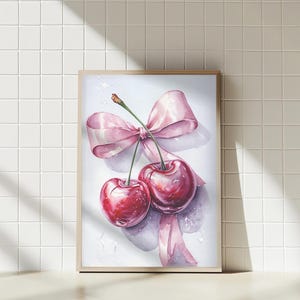 red cherry wall print cherry watercolor poster pink bow decor retro wall hanging vintage cherry print cute cherry wall art