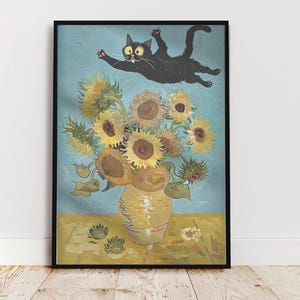 grappige kat met zonnebloemprint - digitale kunstafdruk in Van Gogh-stijl, eigenzinnig kattendecor, huismuuraccent, retro kattenposters, digitale print