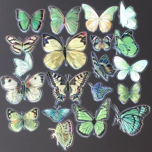 20 grüne Schmetterling Sticker/Aufkleber (transparent, schimmernd mit Hologramm-Effekt)