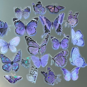 20 lila Schmetterling Sticker/Aufkleber (transparent, schimmernd mit Hologramm-Effekt)