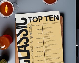May include: A wooden cutting board with a printed "TOP TEN CLASSIC COCKTAILS" menu. The menu lists classic cocktails like Old Fashioned, Negroni, and Margarita. Several cocktails in glasses are arranged around the board.