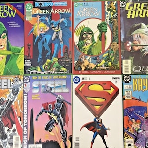 May include: A collection of eight DC comic books featuring Green Arrow, Steel, Superman, and The World of Krypton. The covers display various illustrations of these characters in action, including Green Arrow with a bow, Steel with a hammer, and Superman with his iconic emblem. Each comic book cover includes the title, issue number, and credits for the writers and artists involved in the production of these graphic stories.