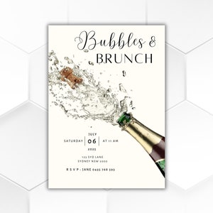 May include: A white invitation card with a champagne bottle popping with a cork flying out. The text on the card reads "Bubbles & Brunch", "Saturday July 06 at 11 AM 2025", "123 Syd Lane Sydney NSW 2000", and "RSVP: Jane 0435 768 593".