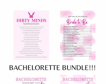 May include: A printable bachelorette party bundle with pink and white designs. The bundle includes a "Dirty Minds" game, a "How Well Do You Know the Bride to Be" game, a scavenger hunt, and a party bingo game.