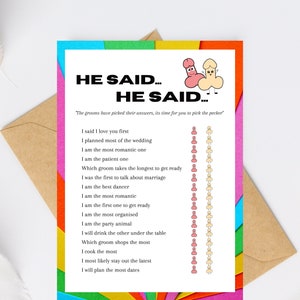 Gioco digitale per sposi gay, giochi per sposi "He Said", giochi queer, gioco "He Said", matrimonio gay, addio al celibato, scarica Canva modificabile