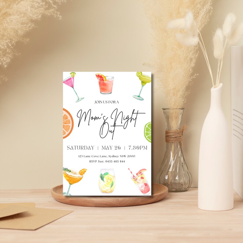 May include: Invitation to a "Mom's Night Out" event with a watercolor illustration of cocktails and citrus fruits. The event is scheduled for Saturday, May 26th at 7:30 PM. The address is 123 Lane Cove Lane, Sydney NSW 2000. RSVP to Sue at 0435 465 844.