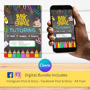 Volante de tutoría escolar / Tutor privado / Volante de tutoría de matemáticas / Plantilla de volante de tutor / Volante educativo / Descarga instantánea / Edición en Canva.