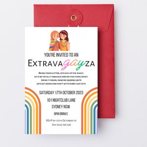 May include: Invitation to a party called "Extravagayza" with a rainbow background and the text "Saturday 17th October 2023, 101 Nightclub Lane, Sydney NSW, 8PM Drinks, RSVP by 10th October to Jen 0223 756 236".