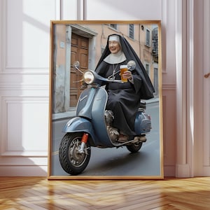 Nun on Vespa Poster | Vespa Print | Italian Poster | Vintage Poster | Bar Cart Art | Popular Poster | Vespa Print | Bar Print | Wanddeko