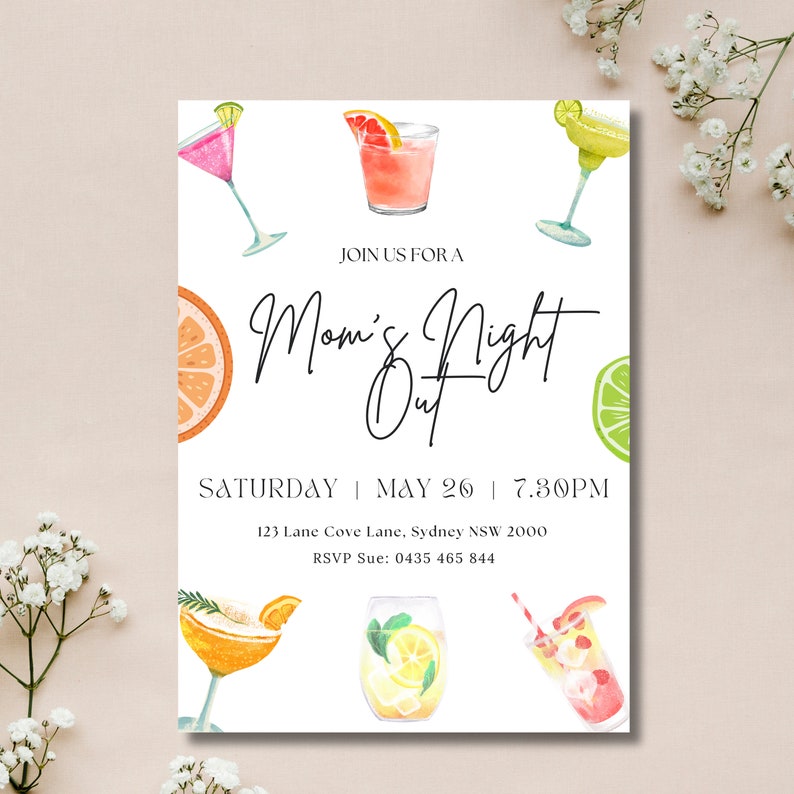 May include: Invitation to a Mom's Night Out event on Saturday, May 26th at 7:30 PM. The invitation features a watercolor illustration of cocktails and citrus fruits. The event will be held at 123 Lane Cove Lane, Sydney NSW 2000. RSVP to Sue at 0435 465 844.