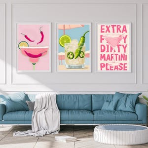 Zestaw 3 wydruków koktajlowych | Wydruk Margarita | Sztuka koktajlowa | Plakat Spicy Marg | Sztuka na wózku barowym | Popularny plakat | Wydruk Martini | Plakat Martini