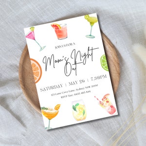 May include: Invitation to a Mom's Night Out event on Saturday, May 26th at 7:30 PM. The invitation features a watercolor illustration of cocktails and citrus fruits. The event will be held at 123 Lane Cove Lane, Sydney NSW 2000. RSVP to Sue at 0435 465 844.