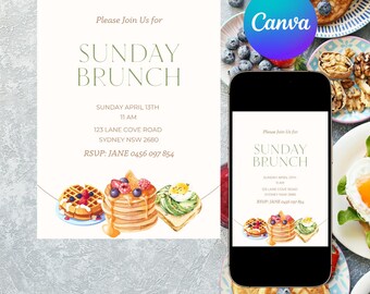 Pancake Brunch Invitation: Elegant Floral Design (Editable Canva Template)
