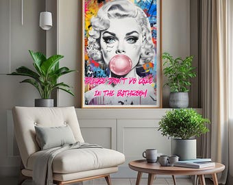 May include: A colourful and abstract art print featuring a woman with a pink bubble gum in her mouth. The text "PLEASE DON'T DO COKE IN THE BATHROOM" is written in pink letters on the bottom of the print.
