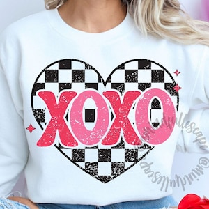 XOXO PNG, coeur damier Png, conception de chemise rétro Saint Valentin, Saint Valentin Png, coeur rétro, téléchargement par sublimation Saint Valentin, DTF